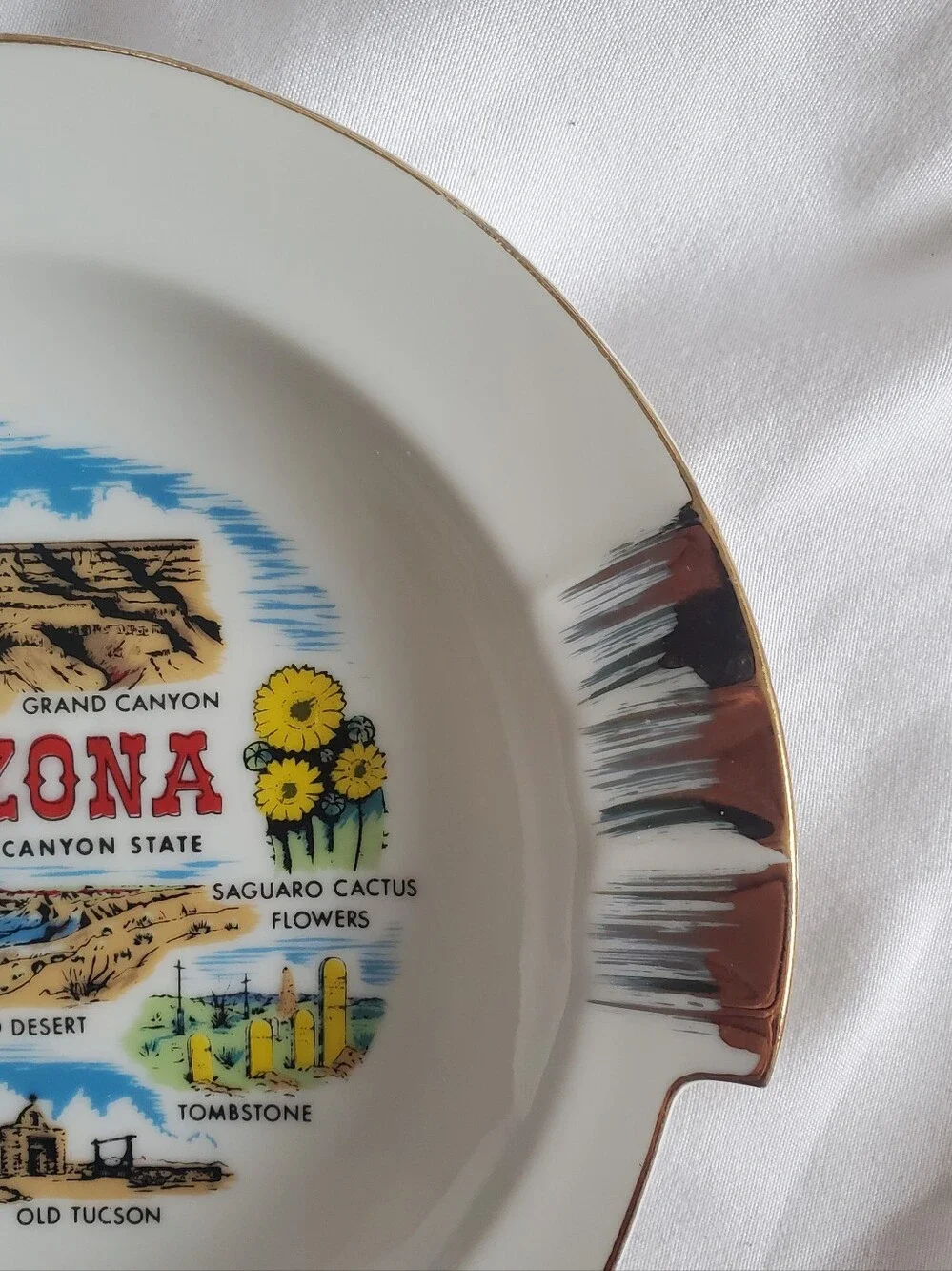 Arizona The Grand Canyon State Vtg Souvenir Decorative Ashtray Plate Gold Trim